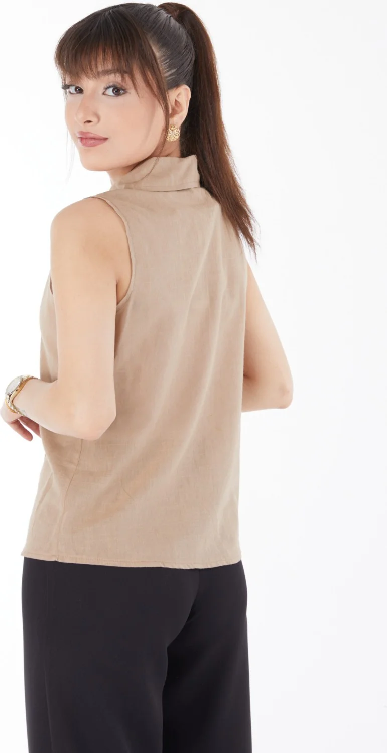 Tofisa Plain Shirt Collar Women's Mink Waist Tied Short Shirt - 13155