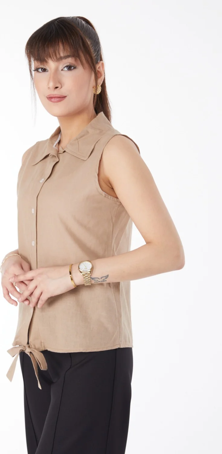 Tofisa Plain Shirt Collar Women's Mink Waist Tied Short Shirt - 13155