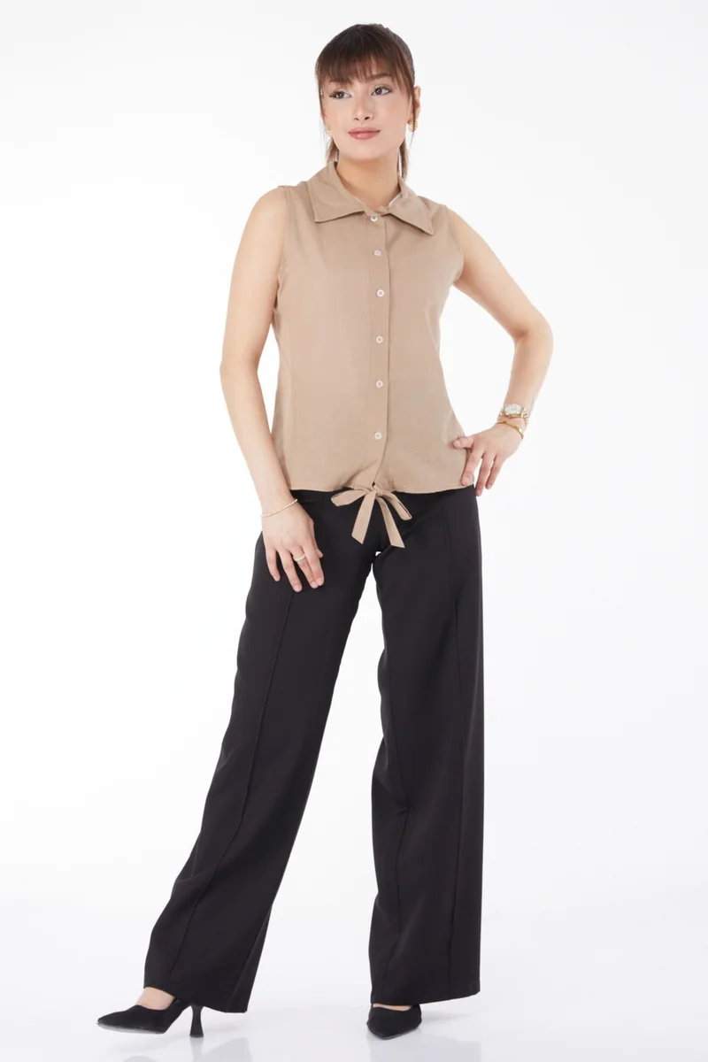 Tofisa Plain Shirt Collar Women's Mink Waist Tied Short Shirt - 13155
