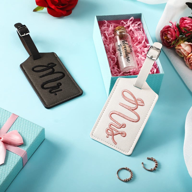 Geiserailie 2 Pieces Mr and Mrs Luggage Tags Bridal Luggage Tags Wedding Luggage Tag with Honeymoon Sand Keepsake Jar Glass Bottle with Cork for Honeymoon Gifts Bridal Shower (Adorable Patterns)  - Image 3