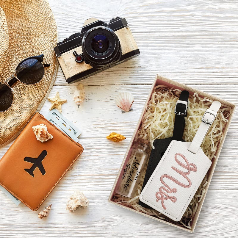 Geiserailie 2 Pieces Mr and Mrs Luggage Tags Bridal Luggage Tags Wedding Luggage Tag with Honeymoon Sand Keepsake Jar Glass Bottle with Cork for Honeymoon Gifts Bridal Shower (Adorable Patterns)  - Image 4