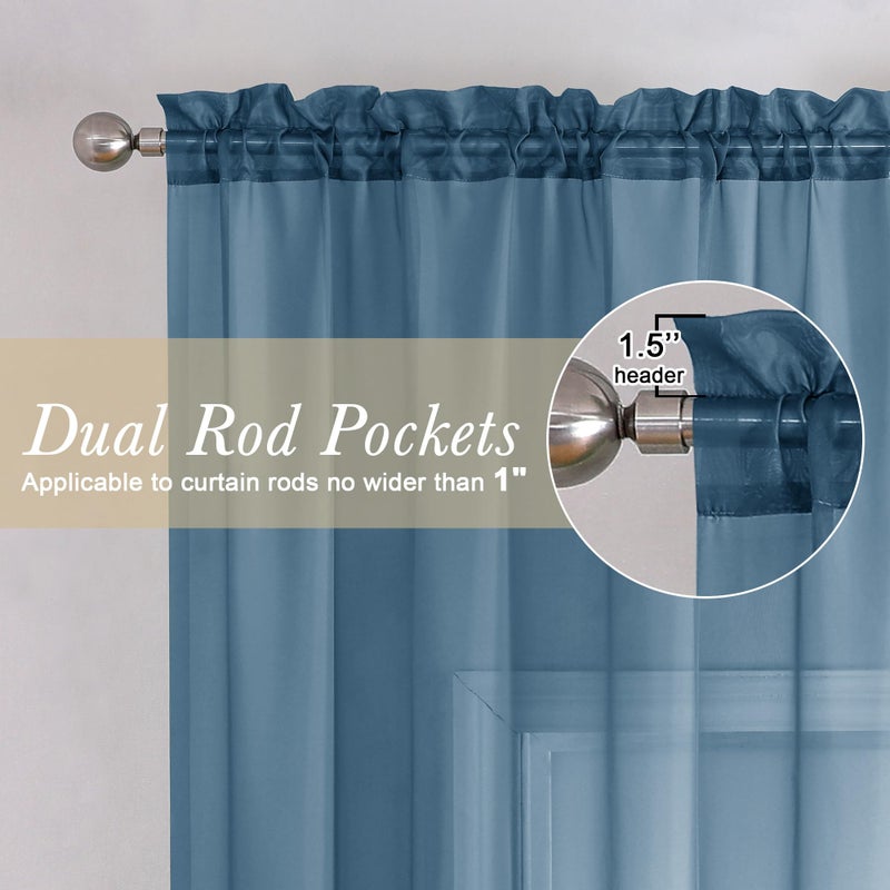 Lecloud Dusty Blue Sheer Curtains 84 Inches Long 2 Panels, Light Filtering Voile Curtain Drapes for Bedroom Windows, Dual Rod Pocket Living Room Window Treatments, 40" W x 84" L - Image 2