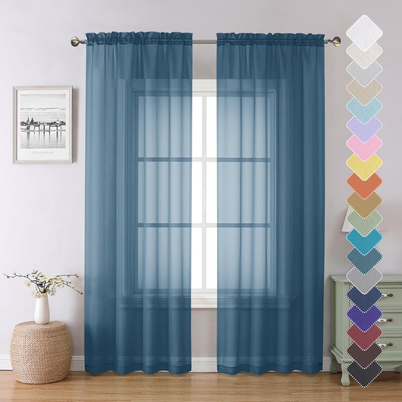 Lecloud Dusty Blue Sheer Curtains 84 Inches Long 2 Panels, Light Filtering Voile Curtain Drapes for Bedroom Windows, Dual Rod Pocket Living Room Window Treatments, 40" W x 84" L - Image 1