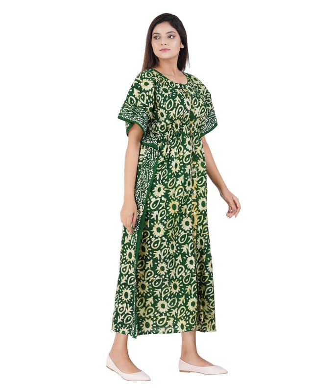 MENMAII Women's Full Open| Front Buttoned Multipurpose Kaftans for Pregnancy/Elderly/Patient/Feeding Purposes|Full Length[Green Batik] - Image 3