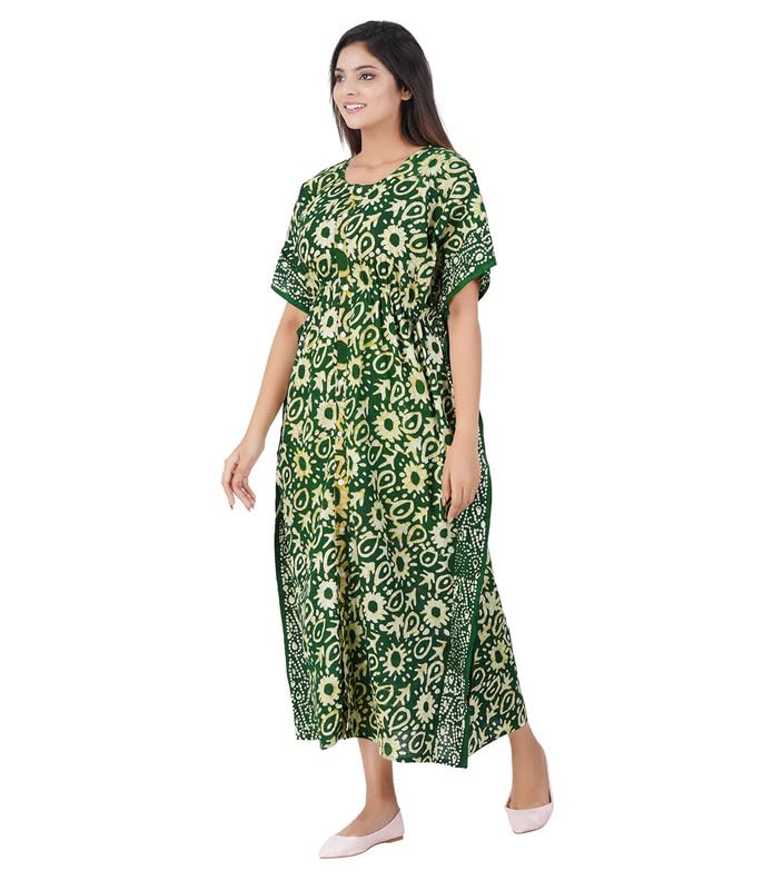 MENMAII Women's Full Open| Front Buttoned Multipurpose Kaftans for Pregnancy/Elderly/Patient/Feeding Purposes|Full Length[Green Batik] - Image 2