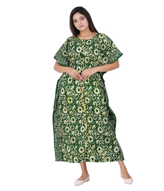 MENMAII Women's Full Open| Front Buttoned Multipurpose Kaftans for Pregnancy/Elderly/Patient/Feeding Purposes|Full Length[Green Batik] - Image 1