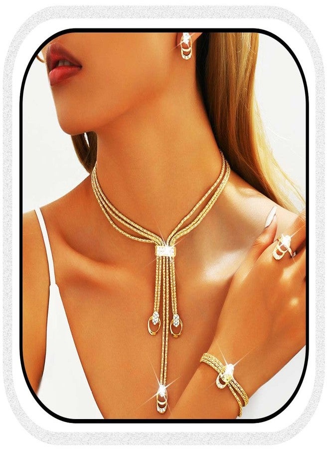 جورايس طقم مجوهرات GORAIS الذهبي، قلادة، أقراط، سوار، وخاتم، مجوهرات رسمية للنساء (ذهبي، مقاس واحد) - Image 1