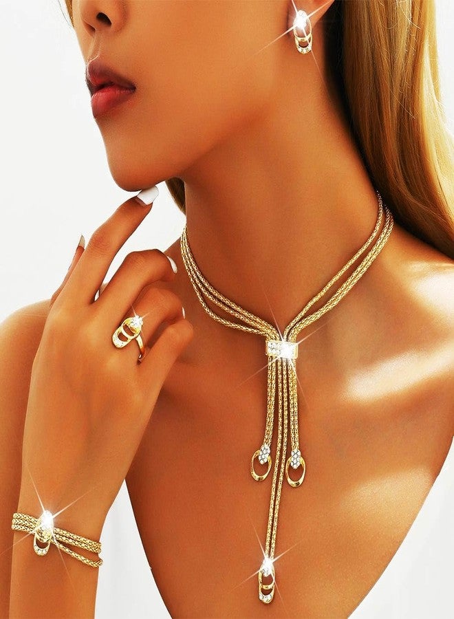 جورايس طقم مجوهرات GORAIS الذهبي، قلادة، أقراط، سوار، وخاتم، مجوهرات رسمية للنساء (ذهبي، مقاس واحد) - Image 4