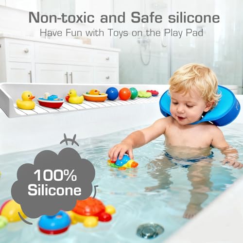 DubiLaka 31.5" Bathtub Splash Guard for Kids & Toddlers - Silicone Play Shelf & Toy Storage Tray with Strong Suction Cups to Prevent Water Spills, No-Leak Fun Bath Time - Tub Toy Holder Ledge,White - Image 4