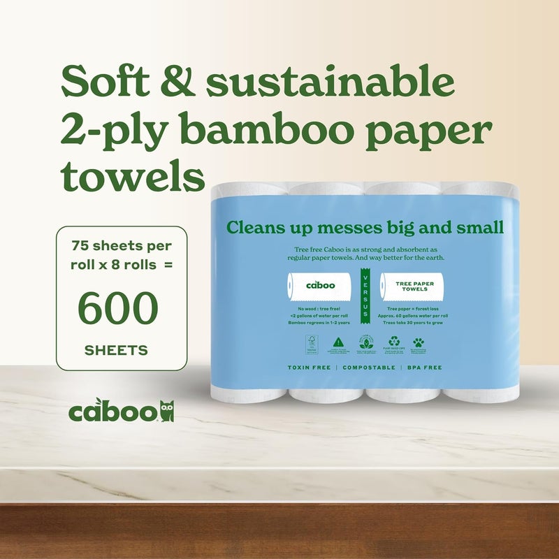 CABOO Tree Free Paper Towels, 8 Rolls, Earth Friendly Sustainable Kitchen Paper Towels with Strong 2 Ply - Image 3