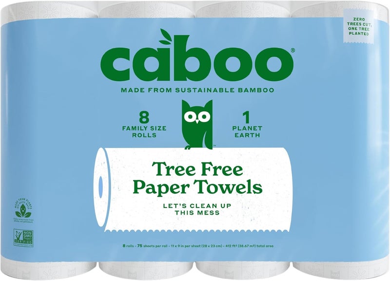 CABOO Tree Free Paper Towels, 8 Rolls, Earth Friendly Sustainable Kitchen Paper Towels with Strong 2 Ply - Image 1