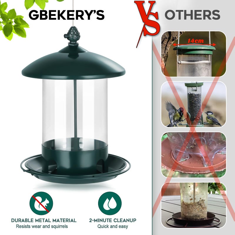 Gbekery Metal Bird Feeders for Outdoors Hanging, Weather Resistant Wild Bird Feeder with 360 Degree Feeding Tray, Green - Image 4