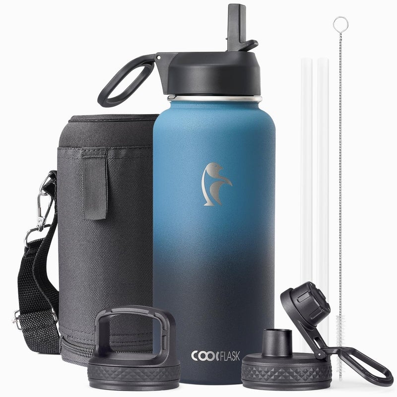 Water Bottle 32 oz Insulated with Straw Coolflask Stainless Steel Metal 3 Lids Water Flask Wide Mouth for Sports or Office NonBPA Keep Cold Up to 48 Hrs or Hot Up to 24 Hrs Samurai Cyan