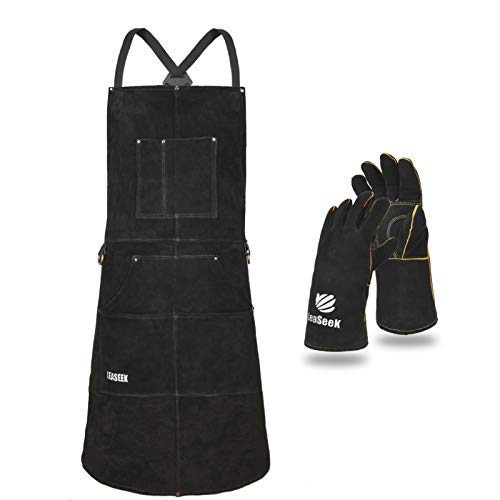 LeaSeek Leather Work Apron with Gloves - 6 Tool Pockets for Men& Women - Welding Apron - Ideal for Woodworking, Blacksmithing, Gardeners, Mechanics, BBQ - Adjustable M to XXXL - Image 1
