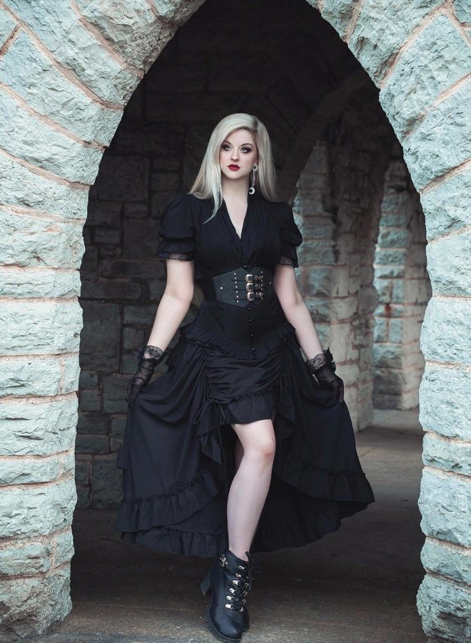 Scarlet Darkness تنورة نسائية مزخرفة طويلة سوداء تنورة قراصنة ستيمبانك سوداء 2XL - Image 2