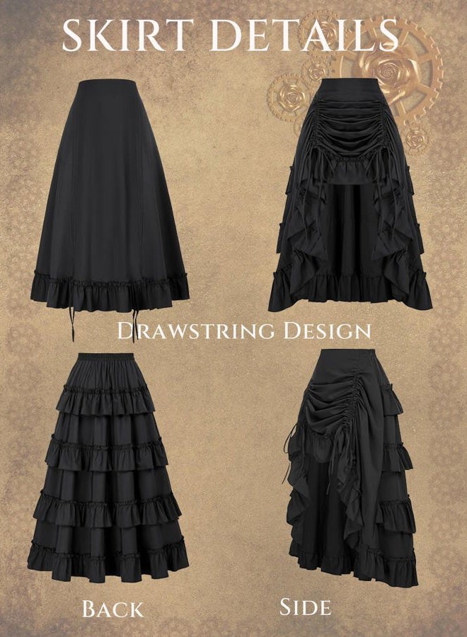 Scarlet Darkness تنورة نسائية مزخرفة طويلة سوداء تنورة قراصنة ستيمبانك سوداء 2XL - Image 4