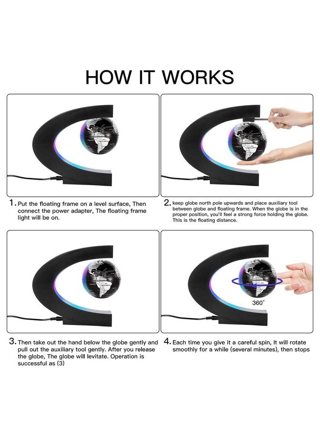 جريسوس خريطة العالم العائمة المغناطيسية مع قاعدة على شكل حرف C، كرة أرضية عائمة مع أضواء LED، هدية رائعة للآباء والطلاب والمعلمين والأصدقاء في العمل وعيد الميلاد لتزيين المكتب (أسود) - Image 3