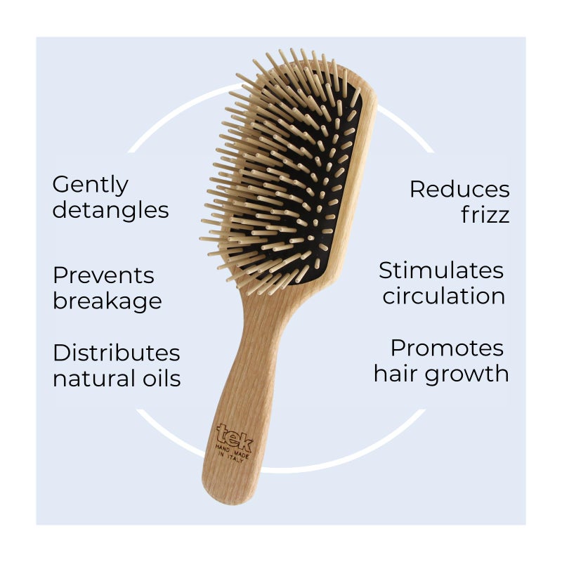 TEK- Rectangular Paddle Brush with Long Tooth in Ash Wood Handmade in Italy, for Long, Thick and Straight Hair - 22 x 6.5 cm - Image 4