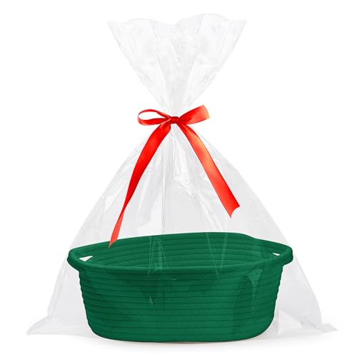 Pro Goleem Small Woven Basket with Gift Bags and Ribbons Durable Baskets for Gifts Empty Small Rope Basket for Storage 12X 8 X 5 Baby Toy Baskets with Handles Green - Image 1