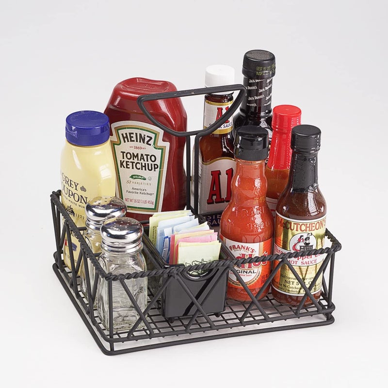 Get Get 4931832 Black Metal Five Compartment Condiment Caddy Iron Powder Coated Table Caddies Collection 9 x 7 Pack of 12  - Image 1