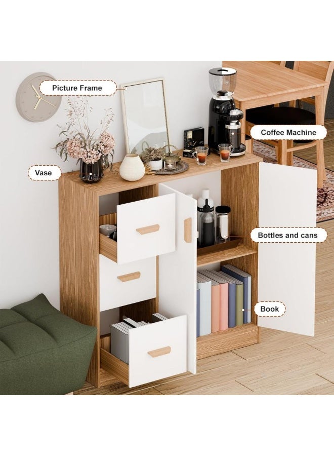 إيونتو خزانة جانبية عصرية - وحدة تخزين بثلاثة أدراج وبابين مع سطح عمل ناعم، ومقابض خشبية منحنية، وتشطيب بلون القيقب، وهيكل من الخشب الليفي متوسط ​​الكثافة والخشب الصلب، مناسبة للمطبخ وغرفة الطعام وغرفة المعيشة. - Image 2