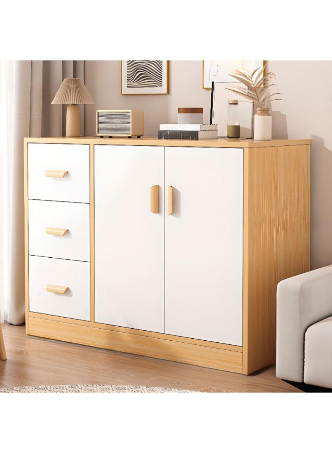 إيونتو خزانة جانبية عصرية - وحدة تخزين بثلاثة أدراج وبابين مع سطح عمل ناعم، ومقابض خشبية منحنية، وتشطيب بلون القيقب، وهيكل من الخشب الليفي متوسط ​​الكثافة والخشب الصلب، مناسبة للمطبخ وغرفة الطعام وغرفة المعيشة. - Image 1