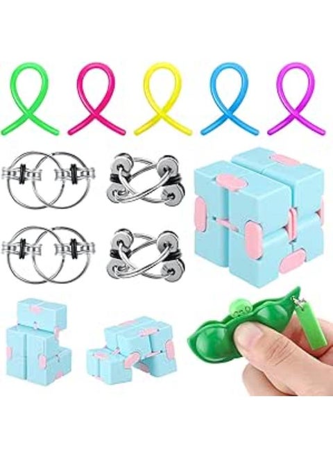 8 Pieces Bundle Sensory Fidget Set Anxiety Relief Bundle Fidget Cube Keyring Pea Keychain Soybean Stretchy String for Birthday, Classroom Rewards Prizes