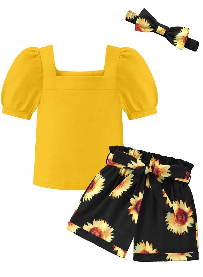 آرشنر طقم ملابس من 3 قطع للبنات الصغيرات من أرشينر، بلوزة بأكمام منفوخة وياقة مربعة مع شورت وربطة رأس متناسقة، ملابس صيفية من عمر سنتين إلى 8 سنوات - Image 1