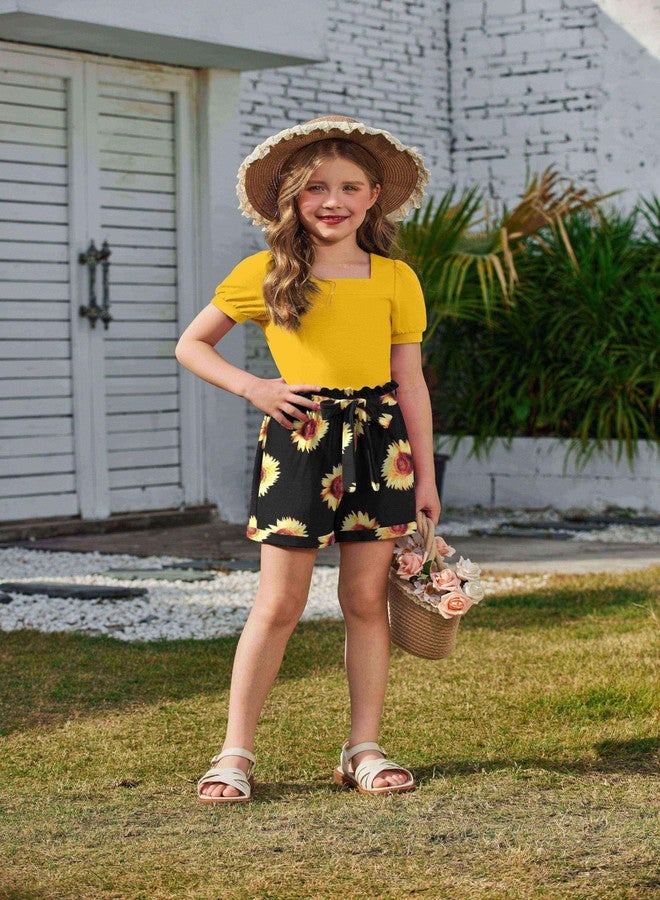 آرشنر طقم ملابس من 3 قطع للبنات الصغيرات من أرشينر، بلوزة بأكمام منفوخة وياقة مربعة مع شورت وربطة رأس متناسقة، ملابس صيفية من عمر سنتين إلى 8 سنوات - Image 3