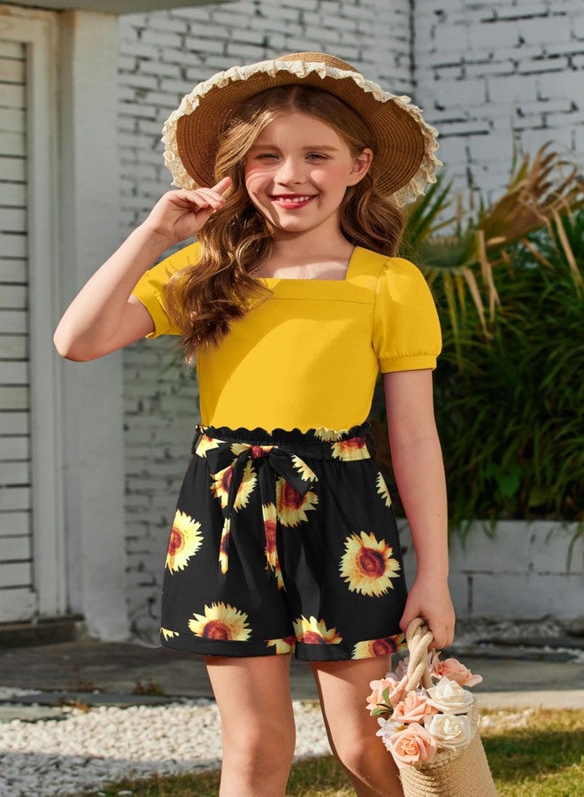 آرشنر طقم ملابس من 3 قطع للبنات الصغيرات من أرشينر، بلوزة بأكمام منفوخة وياقة مربعة مع شورت وربطة رأس متناسقة، ملابس صيفية من عمر سنتين إلى 8 سنوات - Image 4