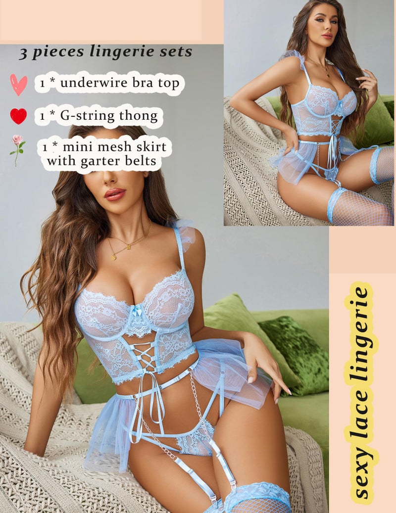 GirlFriend Lingerie Sets Womens Garter Sets 3 Piece Underwire Beautiful Bra and Panty Sets with Mesh Mini Skirts Turquoise - Image 3