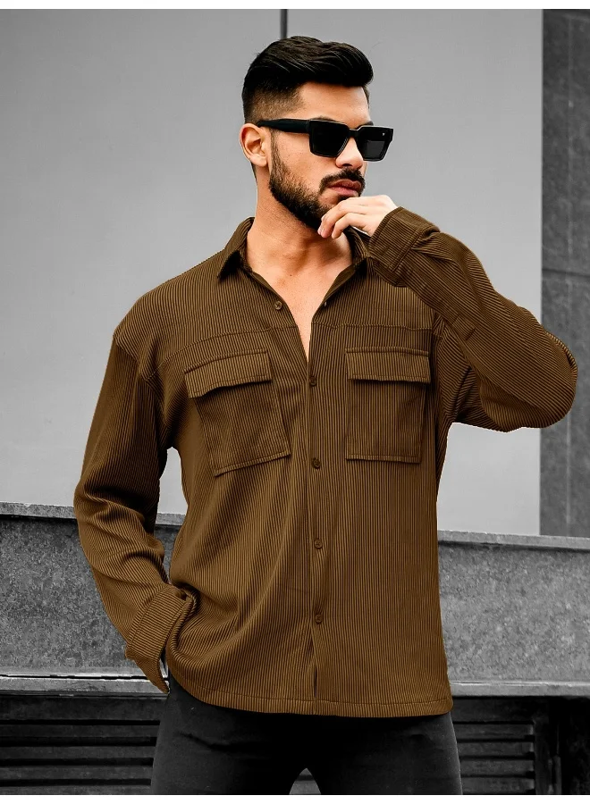 مانياك Maniac Mens Stripe Textured Collared Neck Full Sleeve Brown Polyester Shirt