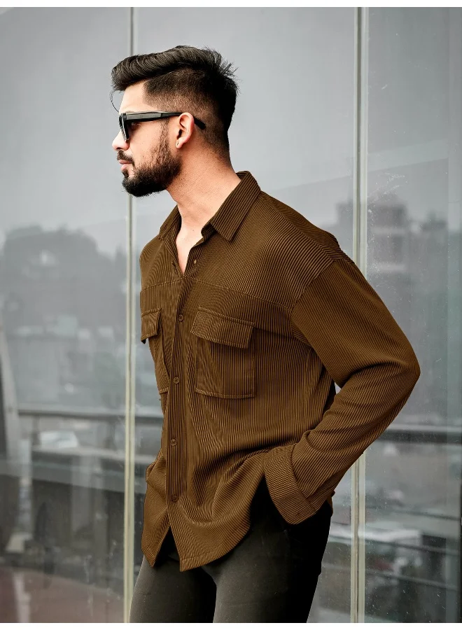 مانياك Maniac Mens Stripe Textured Collared Neck Full Sleeve Brown Polyester Shirt