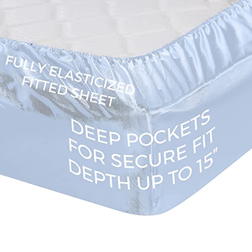 Pure Bedding Satin Sheets Queen [4-Piece, Baby Blue] Hotel Luxury Silky Bed Sheets - Extra Soft 1800 Microfiber Sheet Set, Wrinkle, Fade, Deep Pocket Fitted Sheet, Flat Sheet, Pillow Cases - Image 4