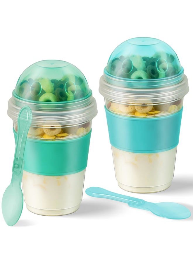 Freshmage ® Yogurt Parfait Cups with Lids, 2 Pack 20oz Reusable Overnight Oats Containers with Lids, Topping Compartment & Spoon To Go for Breakfast Meal Prep, Portable & Lightweight (Blue&Green) - Image 1