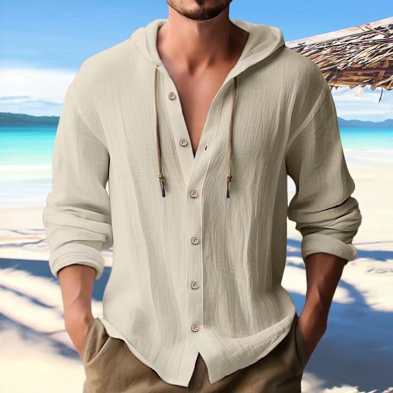 Generic Cross-border Mens Sports Casual Long Sleeve Shirt Cotton Linen Hooded Fashion Sweatshirt Trendy All-match Loose Beach T-shirt Khaki