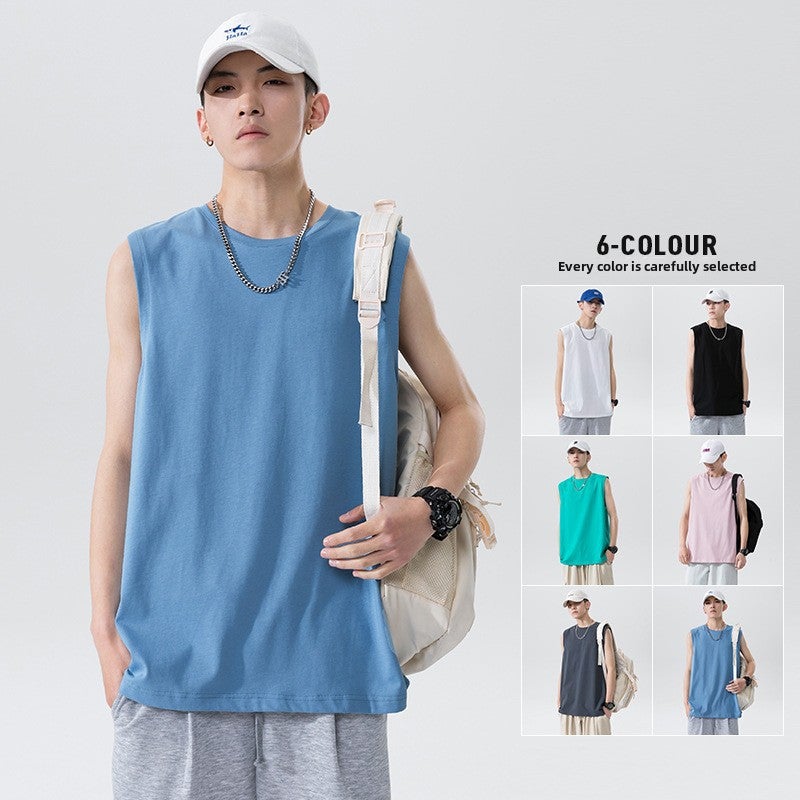 Pure Cotton Short-sleeved Vest Mens Summer Loose Simple All-match Solid Color Sleeveless Half-sleeved Hong Kong-style Multi-color Bottoming Basketball Black  - Image 5