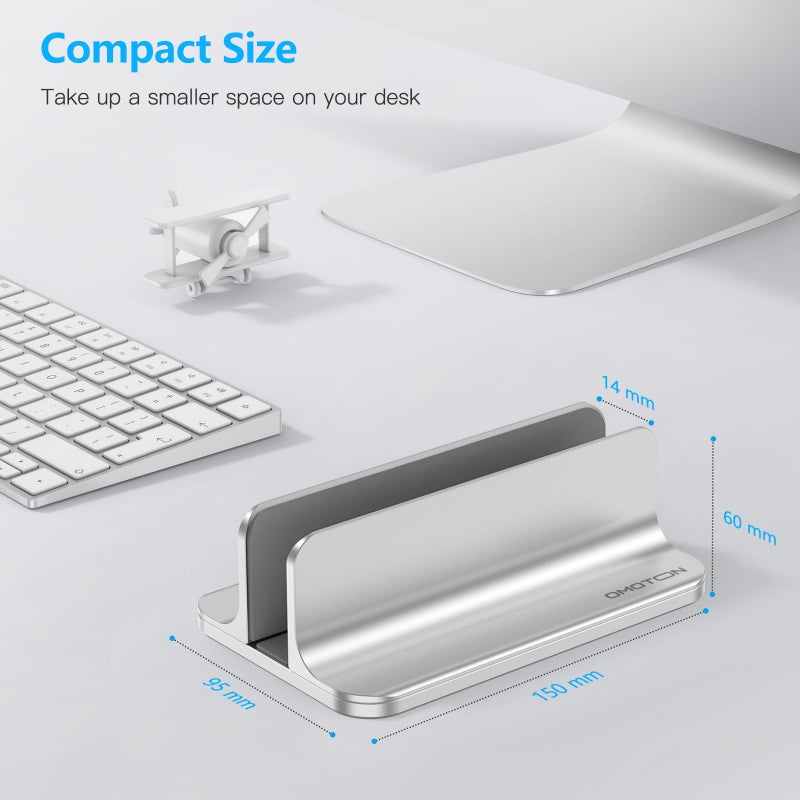 OMOTON Vertical Laptop Stand Holder, Desktop Aluminum Stand for MacBook with Adjustable Dock Size, Fits All MacBook, Surface, Chromebook and Gaming Laptops (Up to 17.3 inches), Silver - Image 3