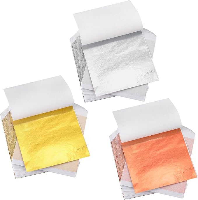 A.K GOLD LEAF 300 Sheets 8x8cm Gold Silver Rose Gold Leaf Sheets Foil Paper for Gilding Crafting DIY Arts Project Crafting Framing Decoration Makeup Spa Art Craft Work (GOLD,COPPER,SILVER) - Image 1