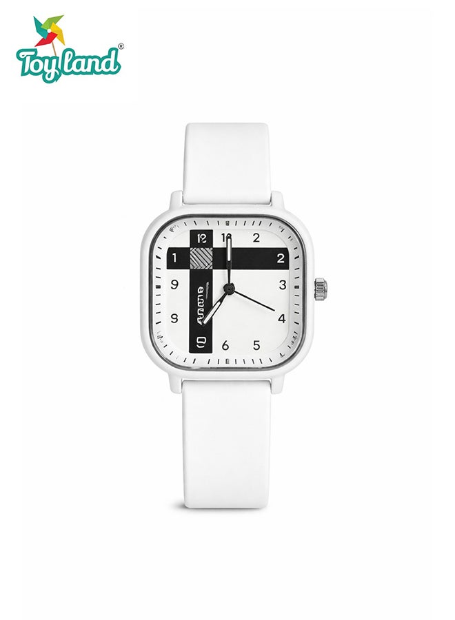 Toyland Kids Trendy Analog Wrist Watch with Square Dial – Casual Fashion Watch with Soft Strap-White - Image 1
