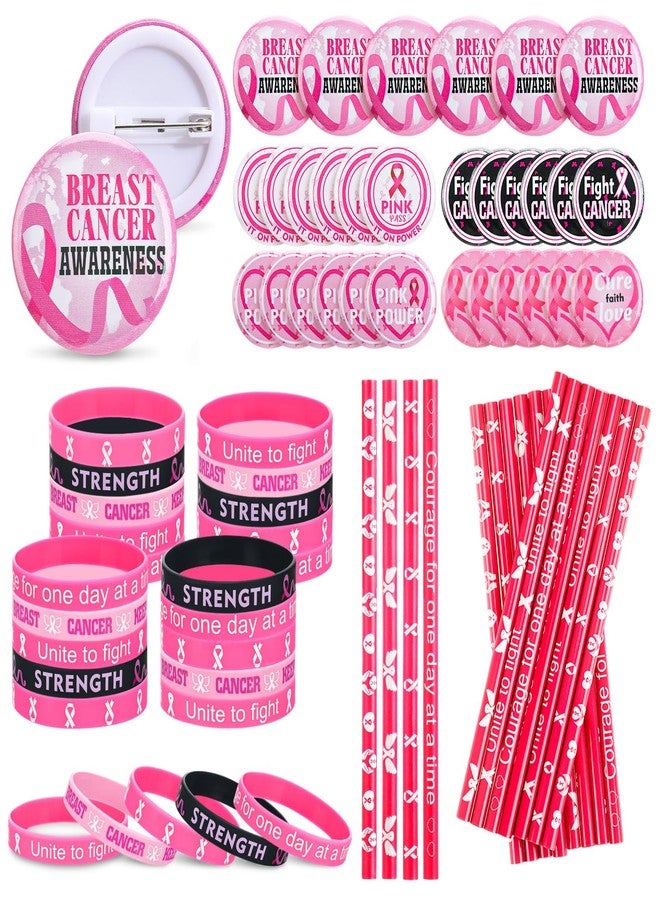 Ferreve 90 Pcs Breast Cancer Awareness Party Favors Include 30 Pink Ribbon Button Pins 30 Faith Hope Bracelets 30 Fight Pencils for October Month Charity Cancer Free Party Supplies - Image 1