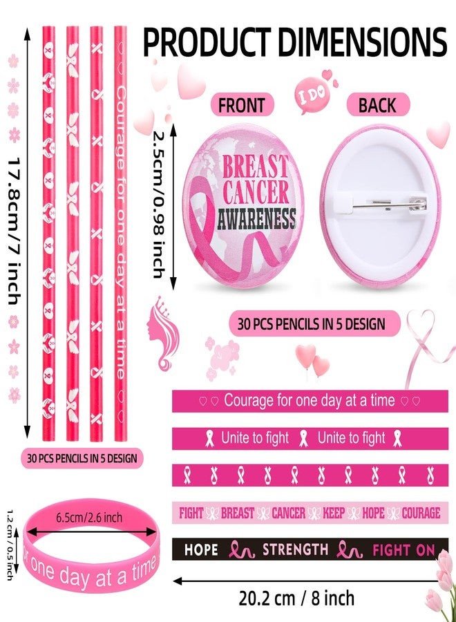 Ferreve 90 Pcs Breast Cancer Awareness Party Favors Include 30 Pink Ribbon Button Pins 30 Faith Hope Bracelets 30 Fight Pencils for October Month Charity Cancer Free Party Supplies - Image 2