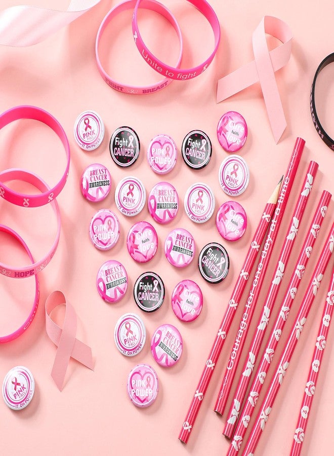 Ferreve 90 Pcs Breast Cancer Awareness Party Favors Include 30 Pink Ribbon Button Pins 30 Faith Hope Bracelets 30 Fight Pencils for October Month Charity Cancer Free Party Supplies - Image 3