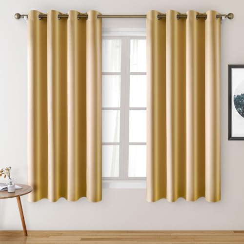 HOMEIDEAS 2 Panels Faux Silk Curtains for Nursery Gold Blackout Curtains, 52 X 63 Inch Room Darkening Thermal Insulated Window Drapes for Living Room, Bedroom - Image 1