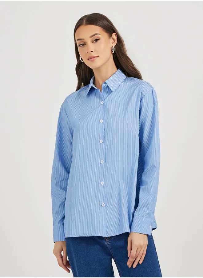 Styli Striped Relaxed Fit Shirt with Back Bow Detail