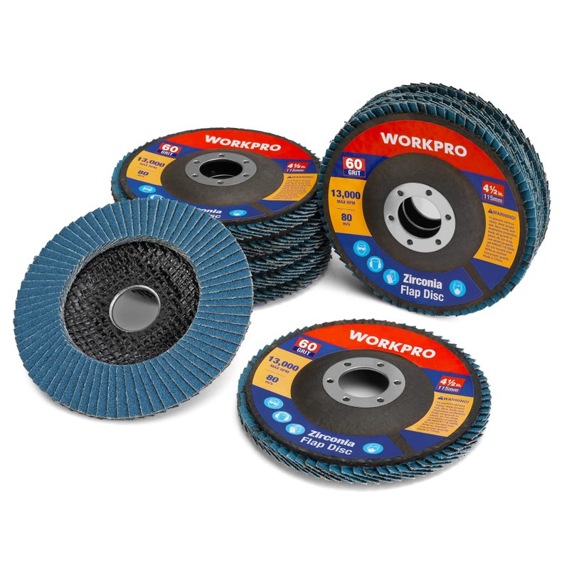 WORKPRO 10-Pack Flap Discs, 4-1/2-inch, Arbor Size 7/8-inch, T29 Zirconia Abrasive Grinding Wheel and Flap Sanding Disc, Includes 60 Grits - Image 1