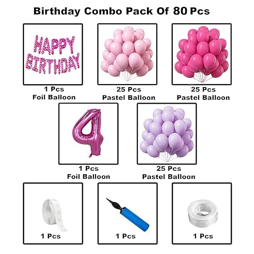 BRIJBAZAAR Balloon Theme Fourth 4th Birthday Decoration Items For Girls Party Decoration Kit Balloon Combo Pack Of 80 Pcs Pink - Image 2