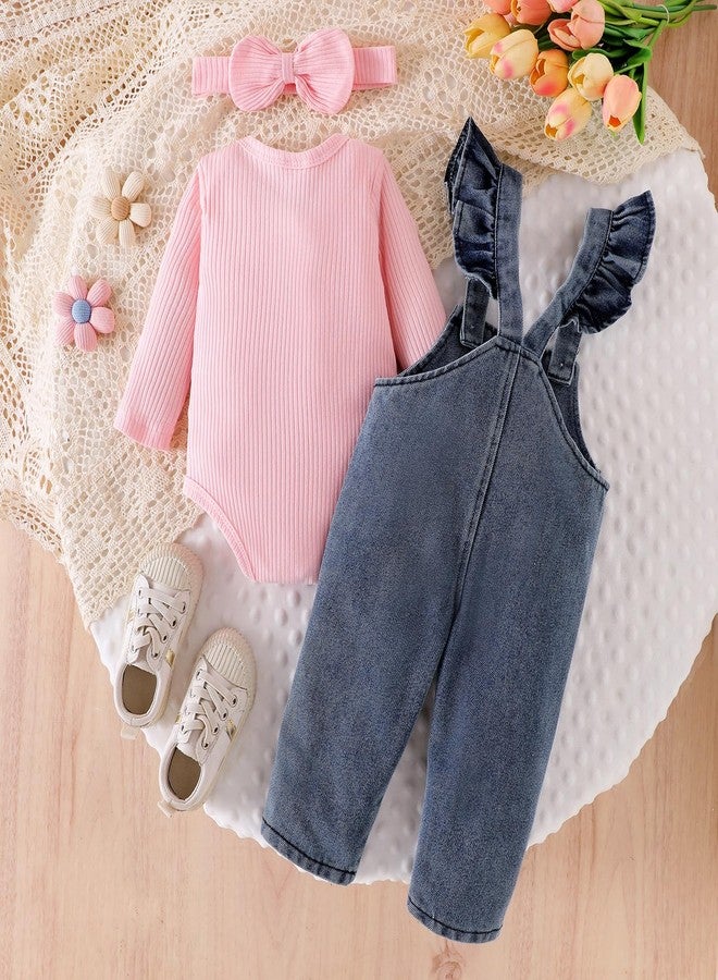 FOCICI 0-3 Months Baby Girl Clothes Newborn Romper Infant Jeans Adjustable Suspender Overalls Cute Headband 3Pcs Fall Winter Outfits Set Pink - Image 3