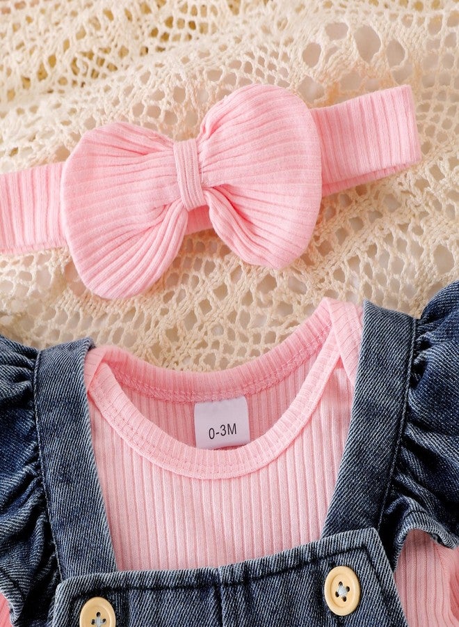 FOCICI 0-3 Months Baby Girl Clothes Newborn Romper Infant Jeans Adjustable Suspender Overalls Cute Headband 3Pcs Fall Winter Outfits Set Pink - Image 4