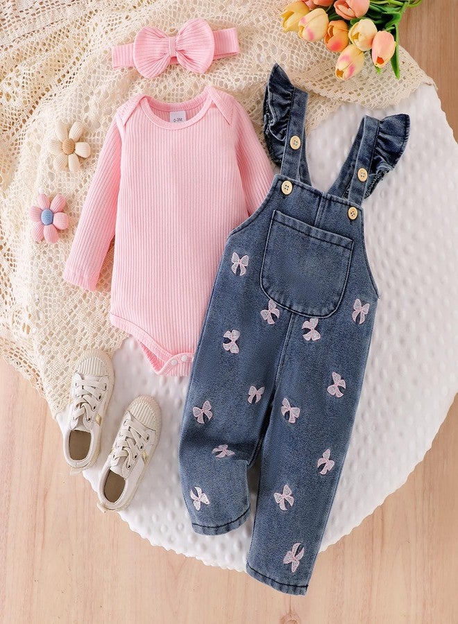 FOCICI 0-3 Months Baby Girl Clothes Newborn Romper Infant Jeans Adjustable Suspender Overalls Cute Headband 3Pcs Fall Winter Outfits Set Pink - Image 2